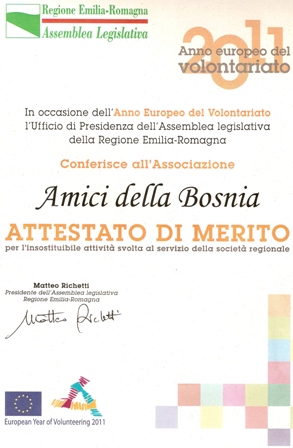 Attestato di merito Regione Emilia Romagna