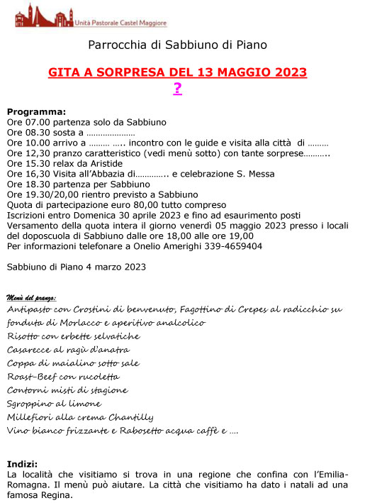 Gita a sorpresa organizzata dalla parrocchia di Sabbiuno