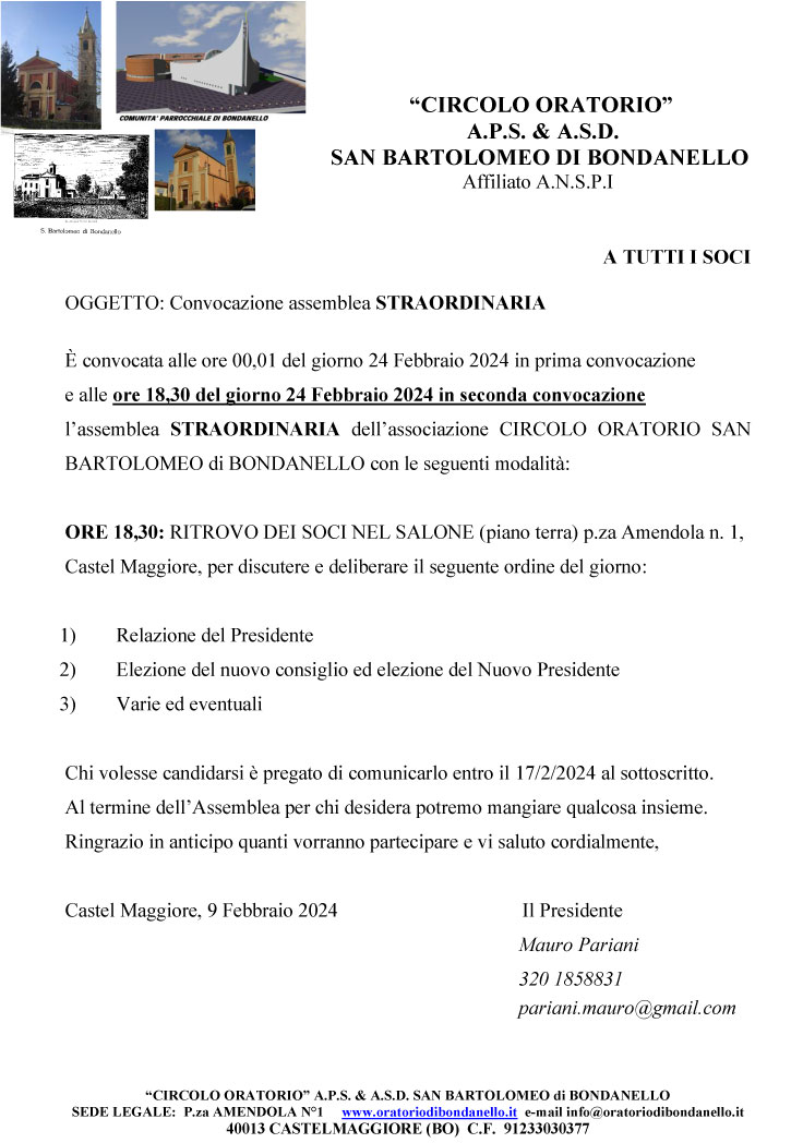 Convocazione Assemblea Straordinaria Oratorio di Bondanello