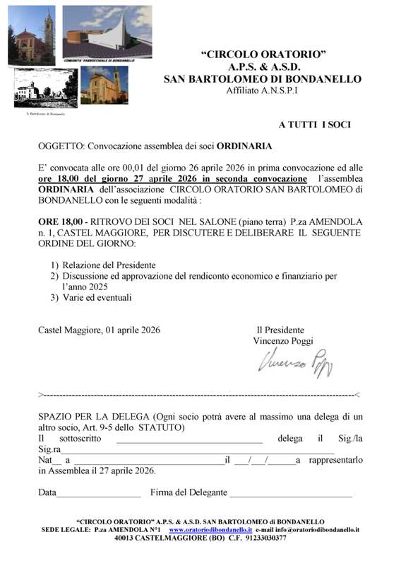 Convocazione Assemblea Ordinacia Circolo Oratorio