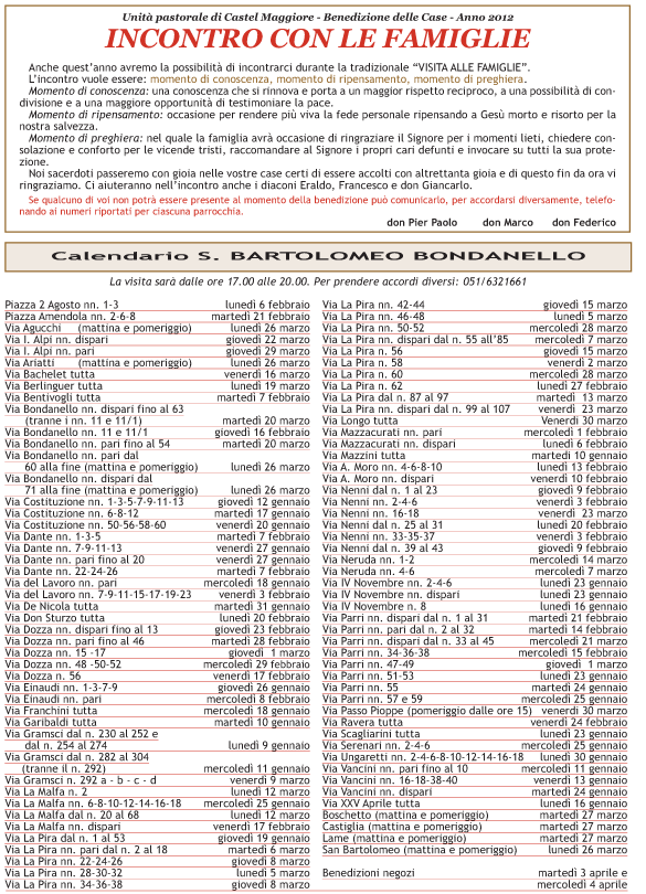 Calendario benedizioni 2011 unit pastorale di Castel Maggiore